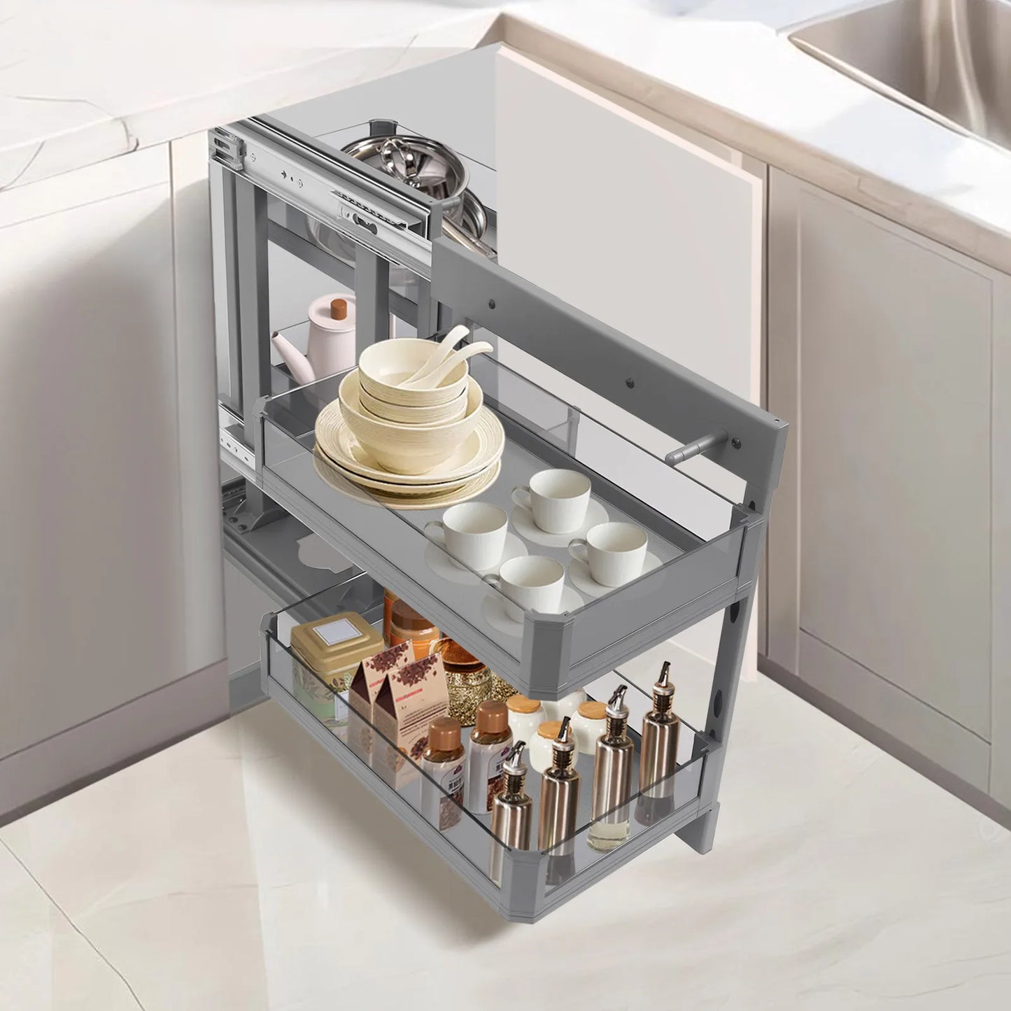 Under Sink Pull Out Organizer 2 Tier For Corner Cabinets