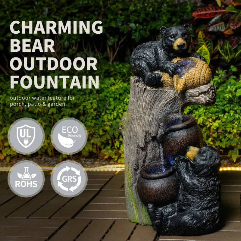 Bear Shaped Outdoor Fountain With LED Lights And Tiered Design