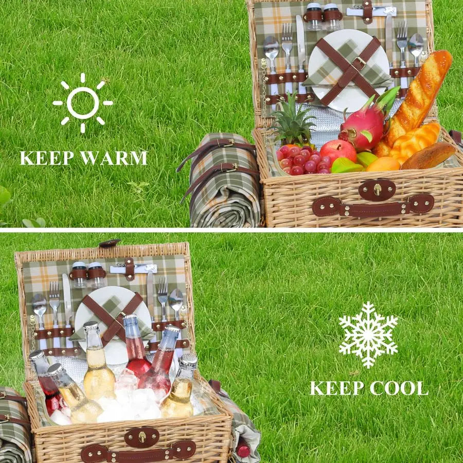 Picnic Basket for 2 with Blanket, Willow Picnic Basket Set with Shoulder StrapampWine Pouch, Large Willow Hamper with Insulated