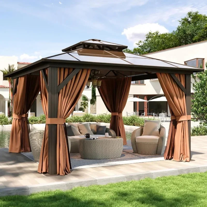Hardtop Aluminum Gazebo With Curtains Netting And Outdoor Polycarbonate Roof