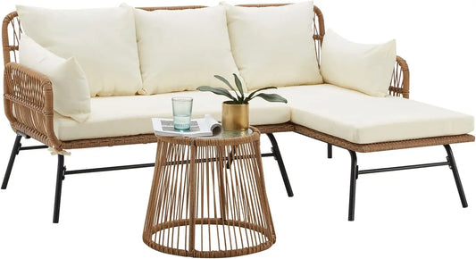 L Shaped Patio Sectional Sofa Set With Glass Coffee Table