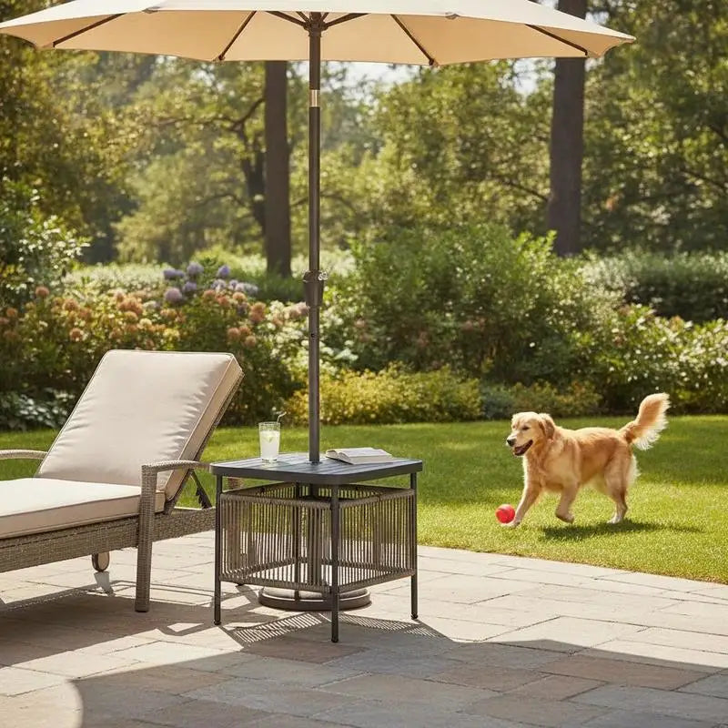 Outdoor Side Table With Umbrella Hole And Storage Shelf