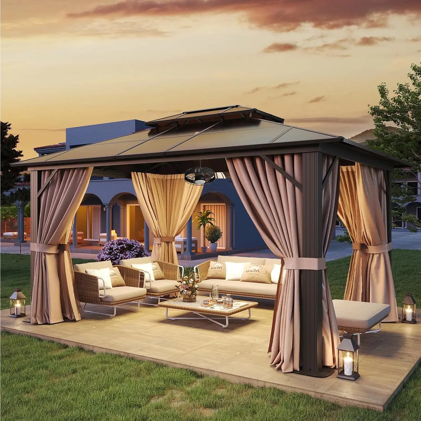 Hardtop Aluminum Gazebo With Curtains Netting And Outdoor Polycarbonate Roof
