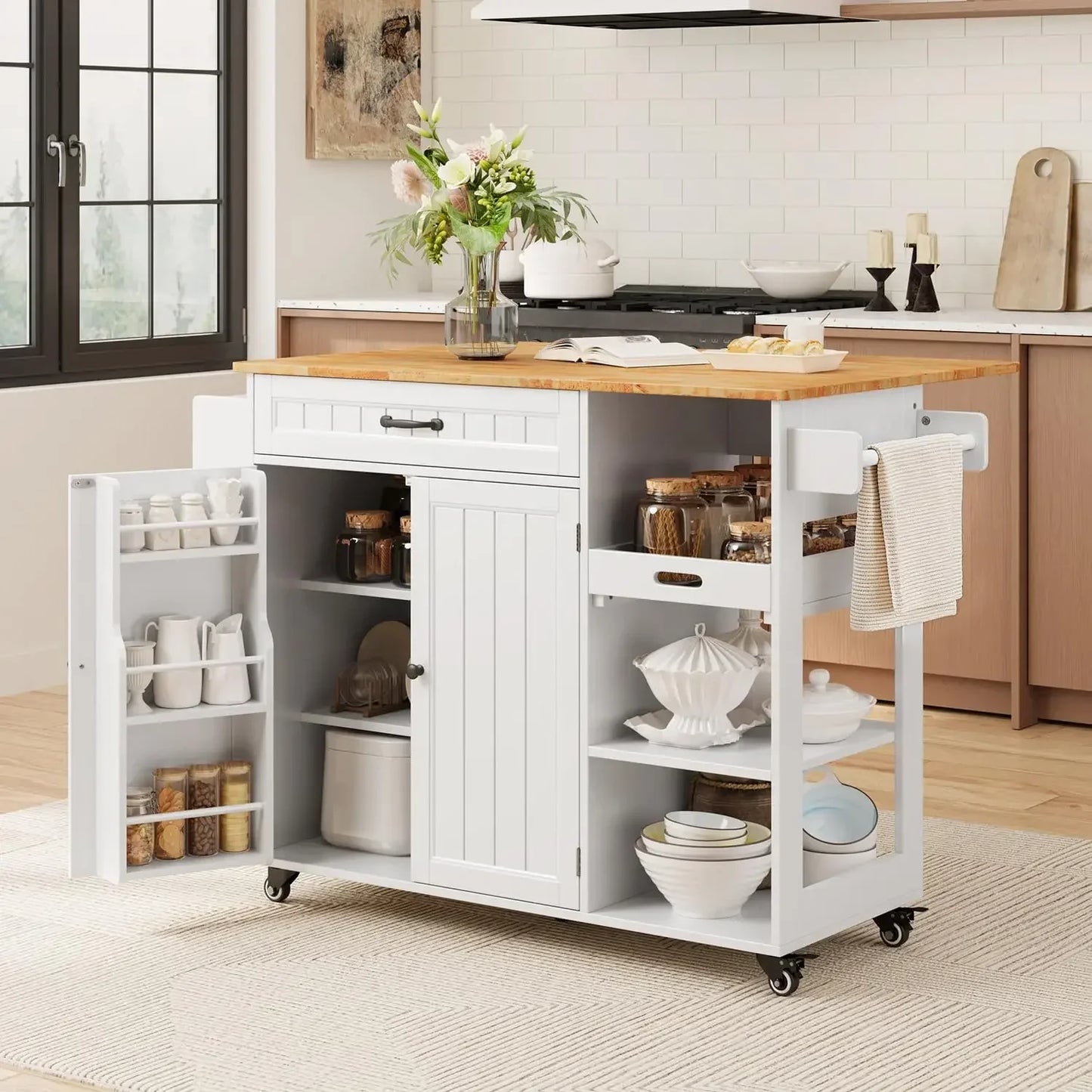 Update Kitchen Island Cart With Storage And Foldable Drop Leaf