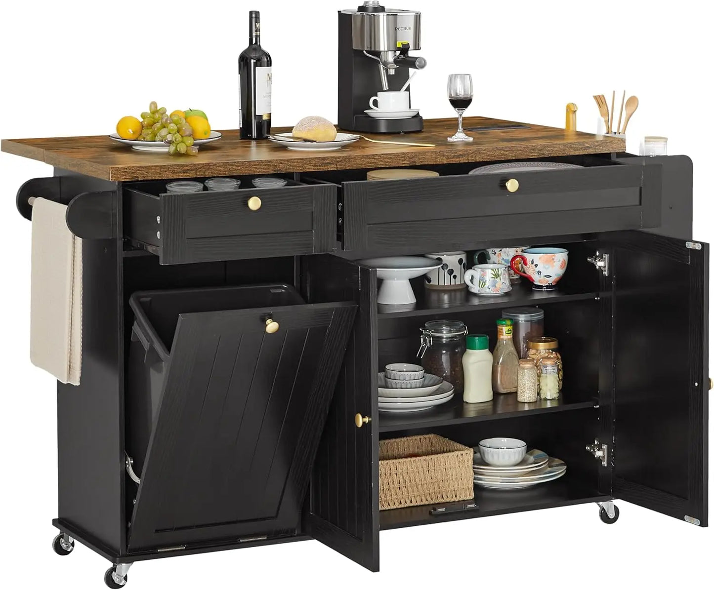 Mobile Kitchen Island With Drop Leaf Trolley And Power Outlet