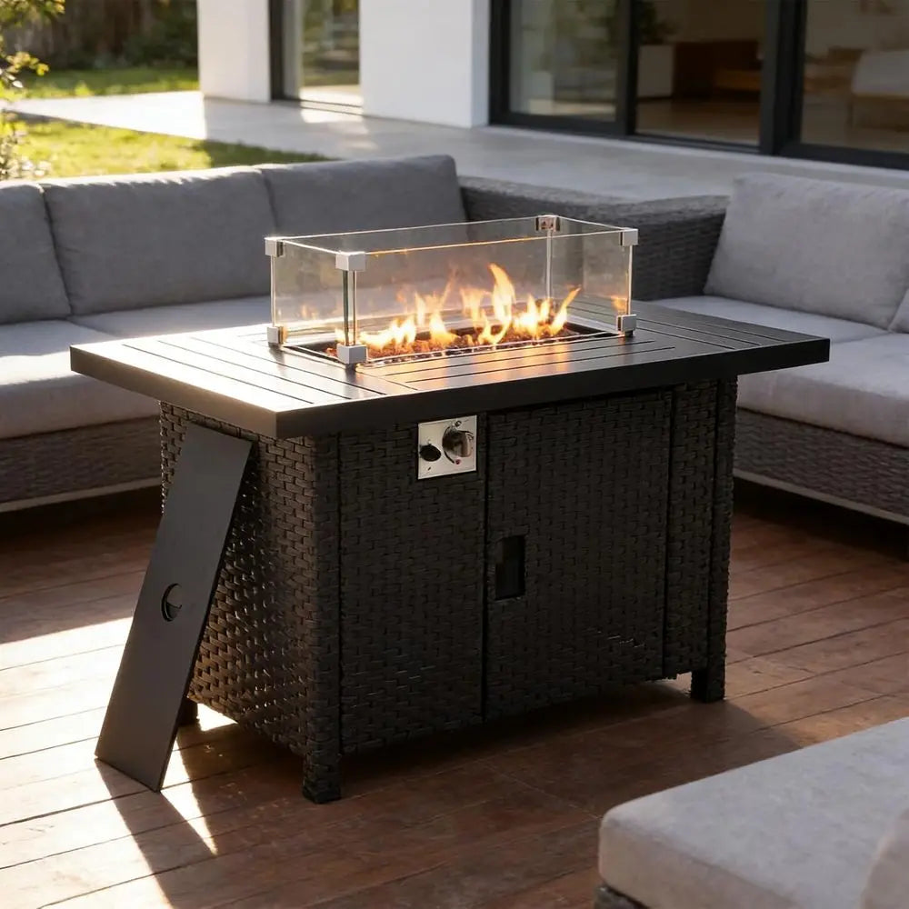 Outdoor Propane Fire Pit Table With Glass Wind Guard