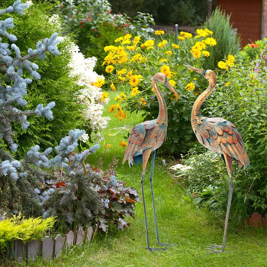Set of 2 Patina Metal Crane Garden Statues with Ground Stakes