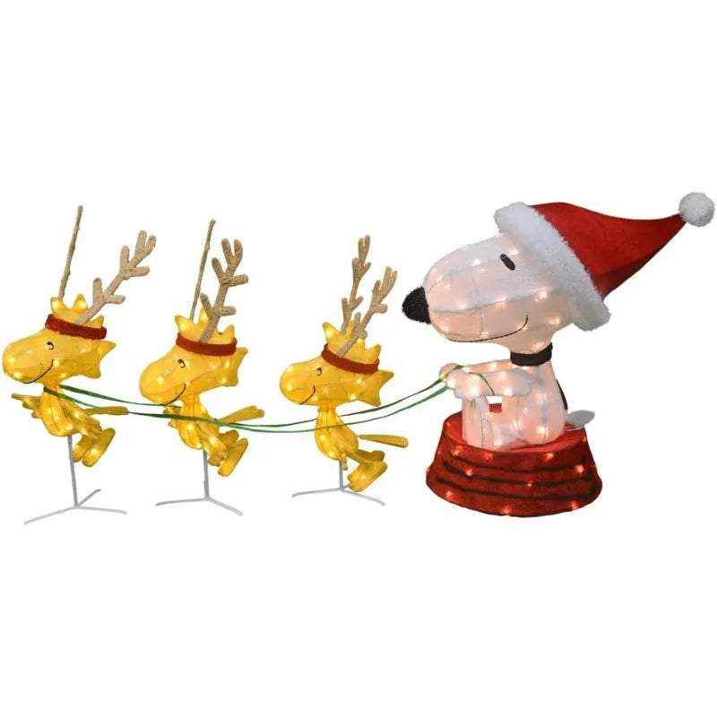 60-Inch Peanuts 4-Piece 3D LED Pre-Lit Snoopy in Dog Bowl Sled with Woodstock Reindeer Christmas Décor, 180 Lights