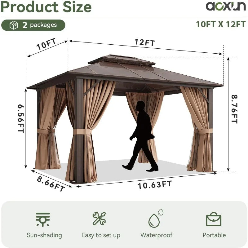 Hardtop Aluminum Gazebo With Curtains Netting And Outdoor Polycarbonate Roof