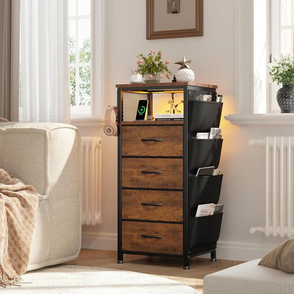 Nightstand Duo With Charging Station, LED Lights, Fabric Drawers