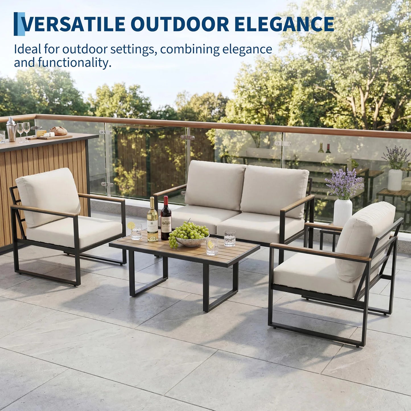 Modern Outdoor Patio Furniture Set With Cushioned Sofa Coffee Table