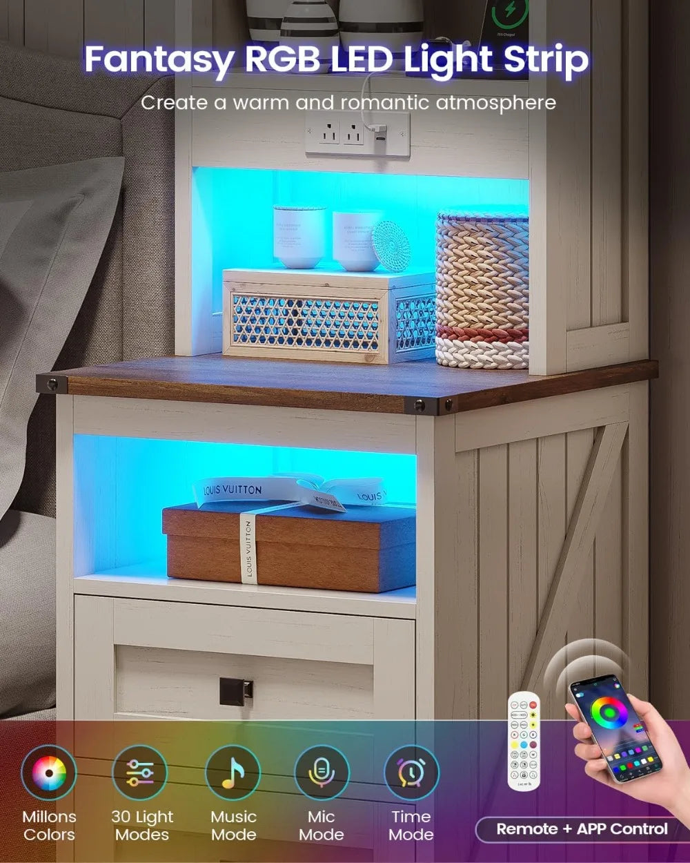 Farmhouse Nightstand Set With Charging Station And LED Lights