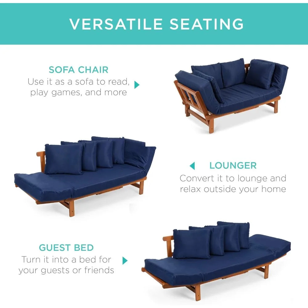Outdoor Convertible Acacia Wood Futon Sofa With Pullout Tray