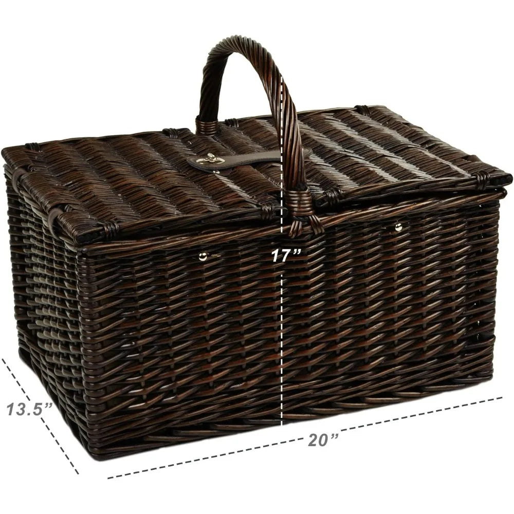 Surrey Willow Picnic Basket in Brown Wicker with Diamond Orange Design