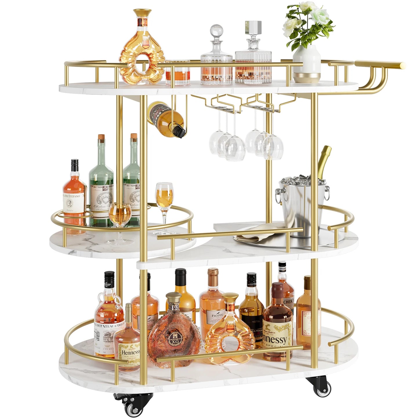 Mobile Bar Cart Featuring 4 Tier Storage And Wine Rack
