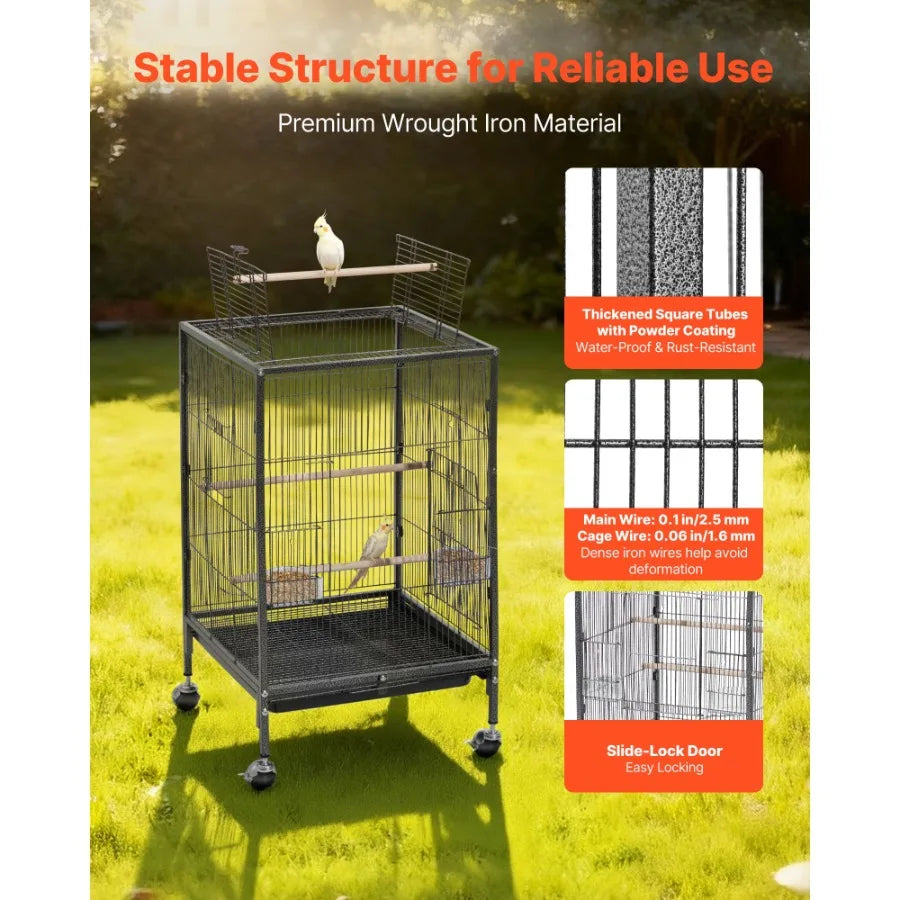 Flat Top Open Wrought Iron Bird Cage With Perches Tray