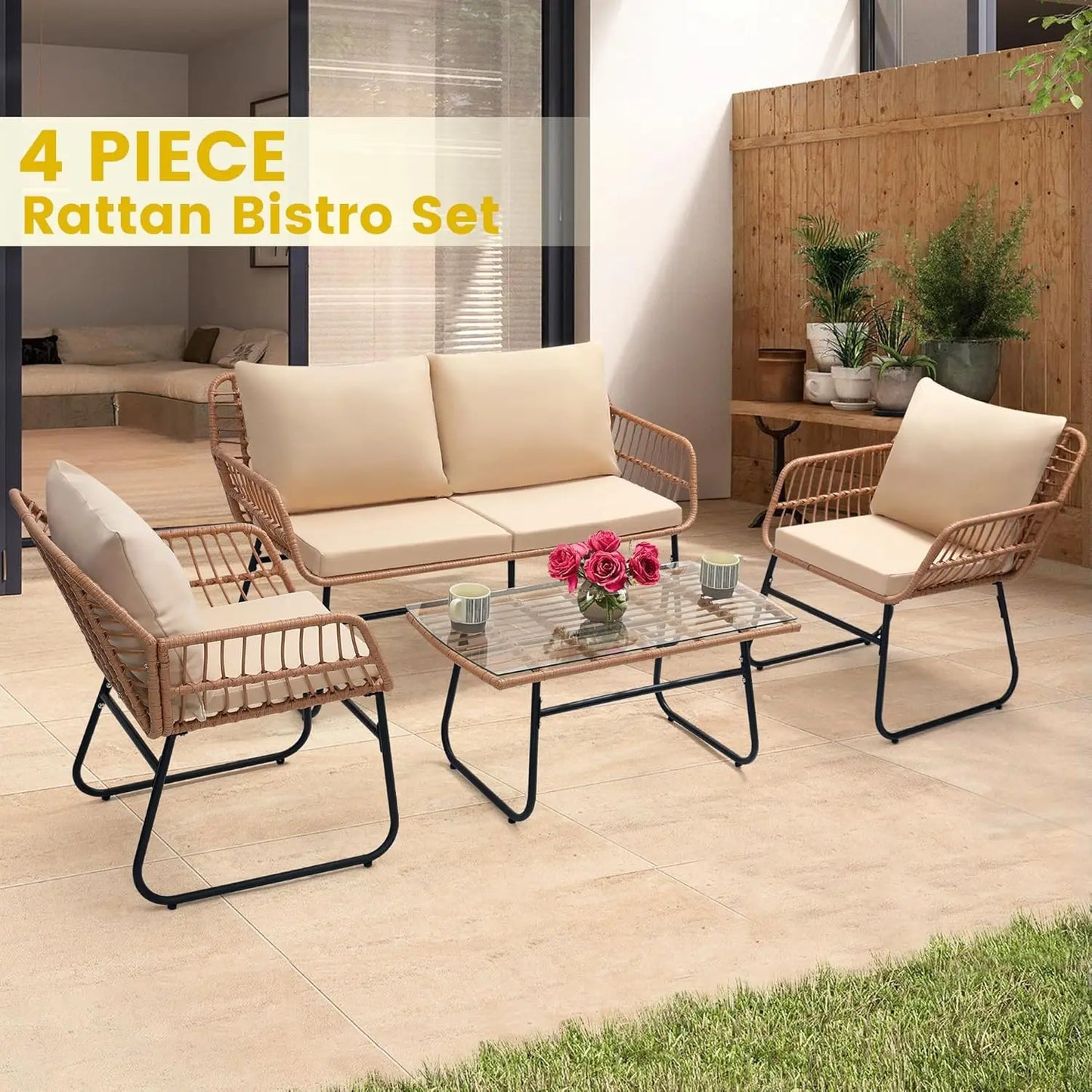 Patio Bistro Outdoor Furniture Set With Wicker Sofa And Table