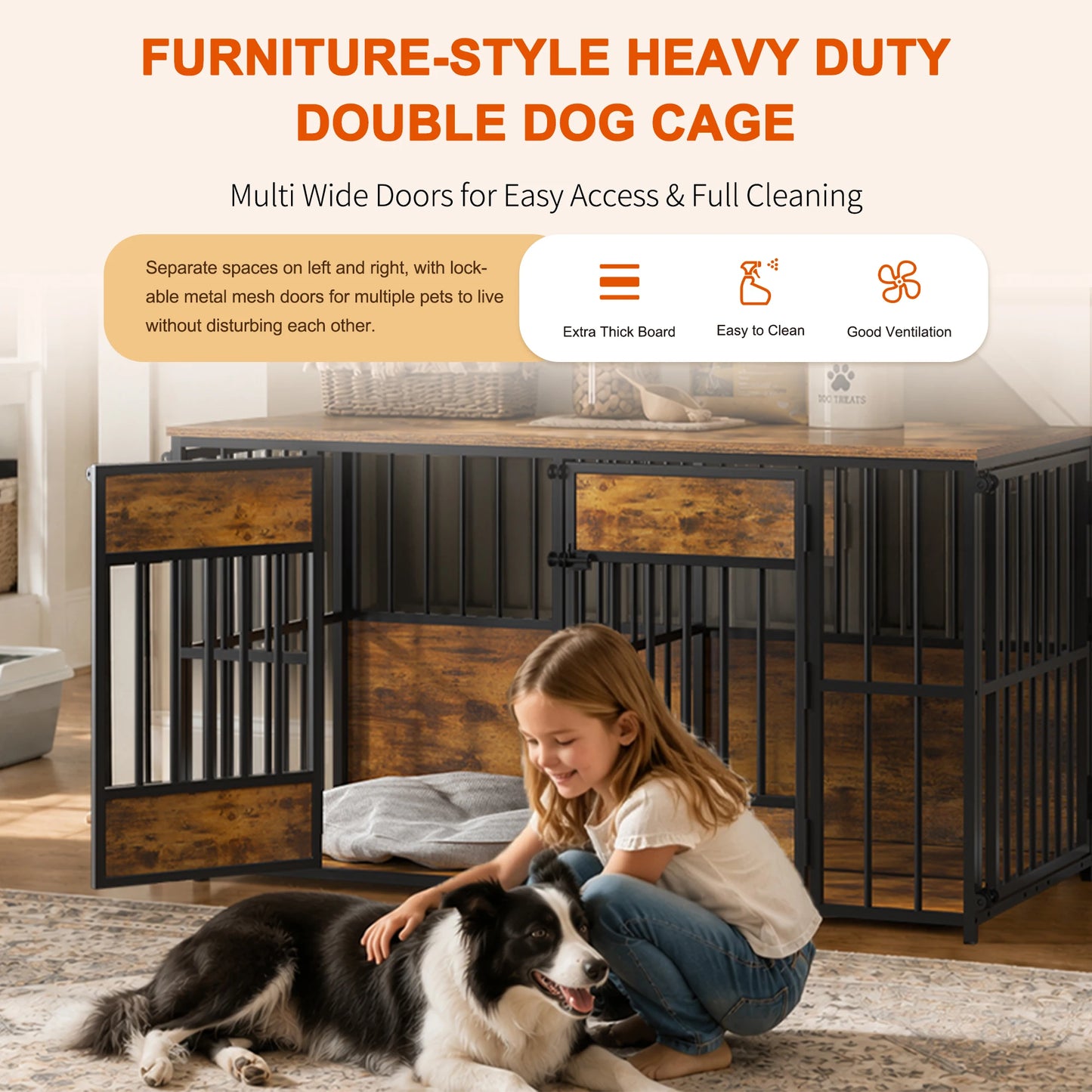 47.2-Inch Double Dog Crate Furniture with Storage Drawers and Tabletop