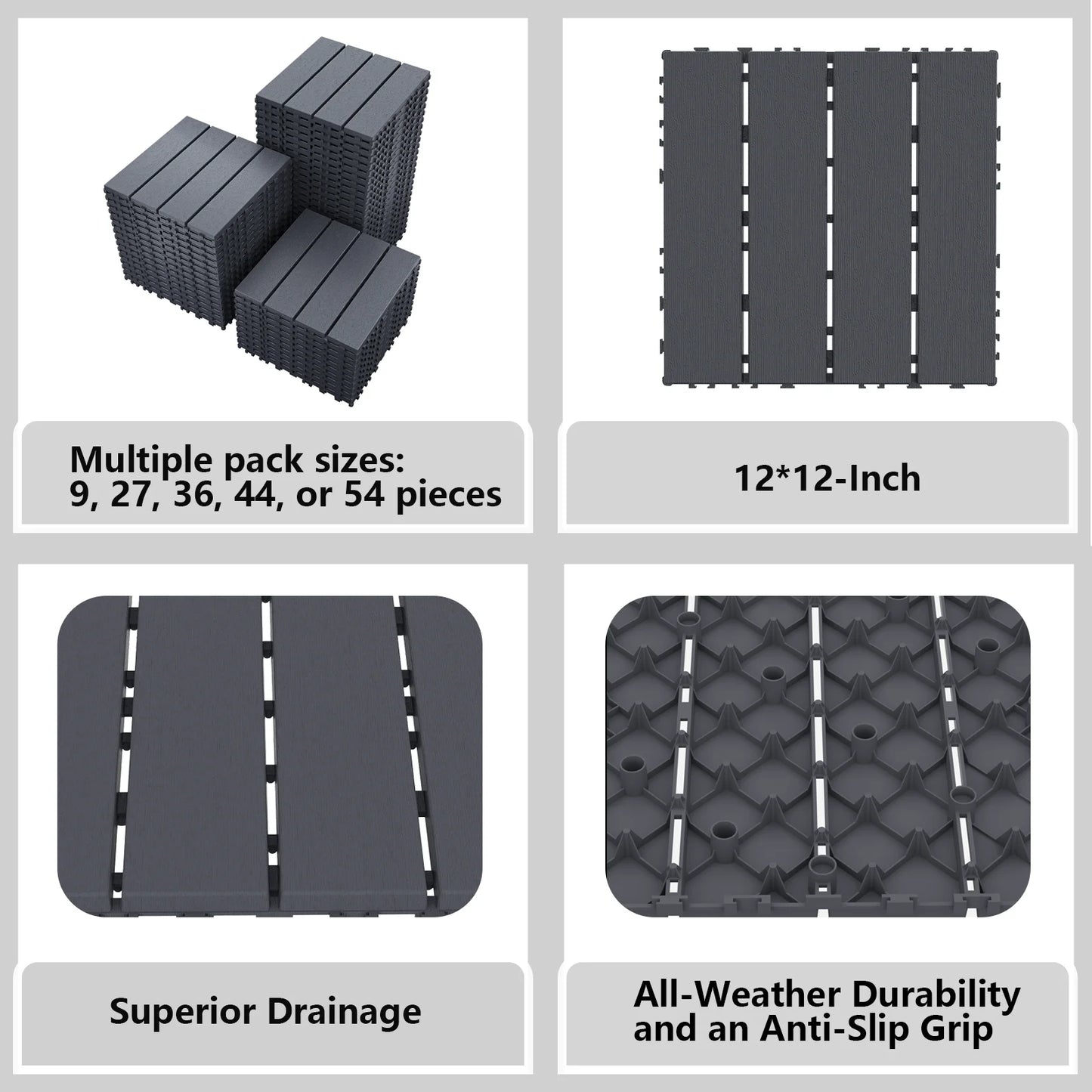Plastic Interlocking Deck Tiles (44 Pack) - 12"x12" Outdoor Patio Flooring, Decking Tiles for Poolside, Backyard, Balcony