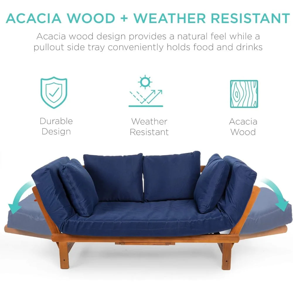 Outdoor Convertible Acacia Wood Futon Sofa With Pullout Tray