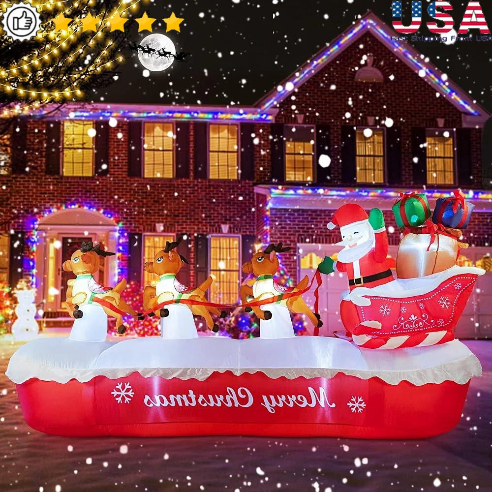 10FT Inflatable Santa Claus Sleigh with Elk LED Lights Outdoor Christmas Decorations Yard Holiday Display
