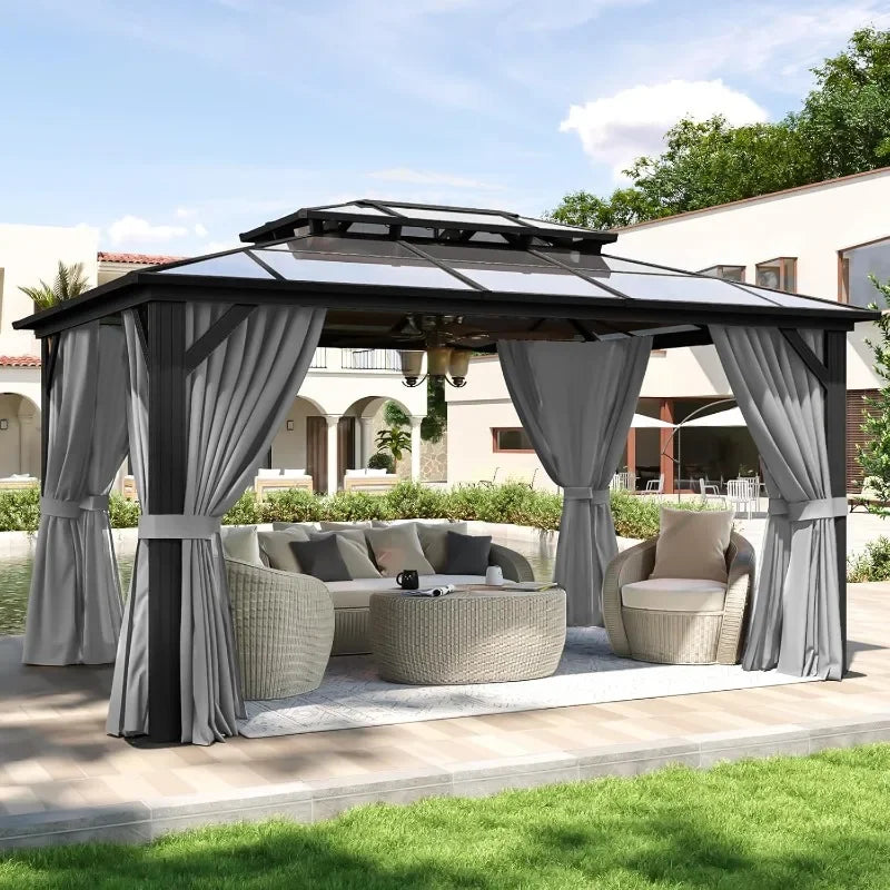 Hardtop Aluminum Gazebo With Curtains Netting And Outdoor Polycarbonate Roof