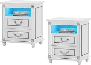 Nightstand With Charging Station And LED Lighted Drawers