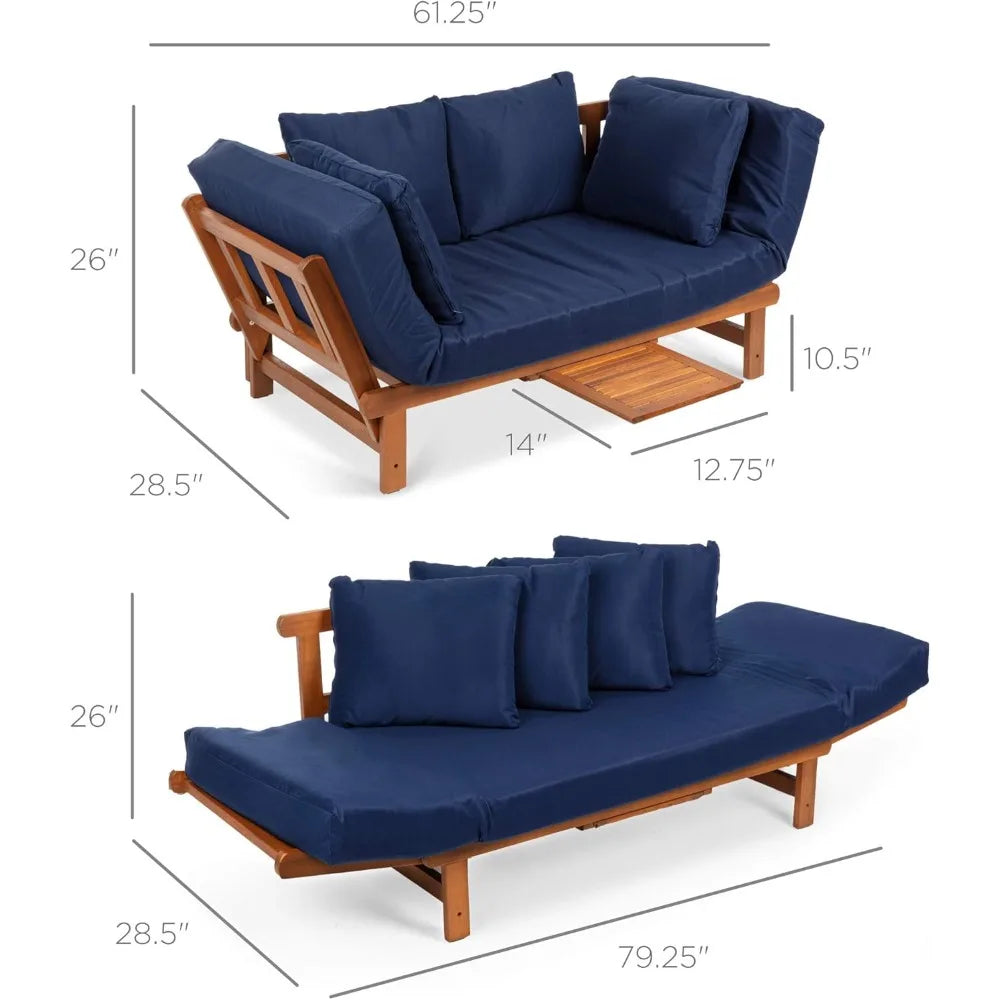 Outdoor Convertible Acacia Wood Futon Sofa With Pullout Tray