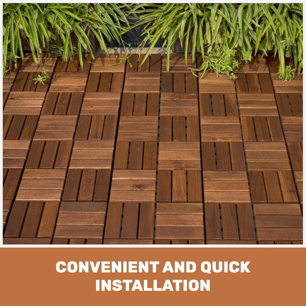 20-Piece Acacia Wood Interlocking Deck Tiles – 12" x 12" Checker Pattern