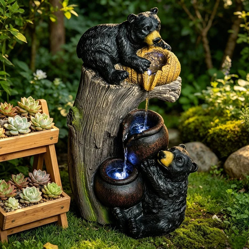 Bear Cascading Outdoor Water Fountain With LED Lights