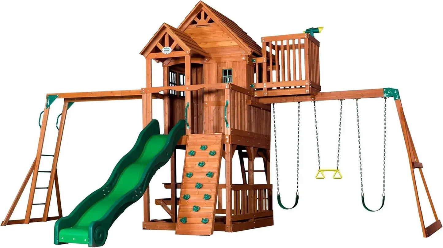 Cedar Wood Swing Set With Wave Slide And Clubhouse Adventure