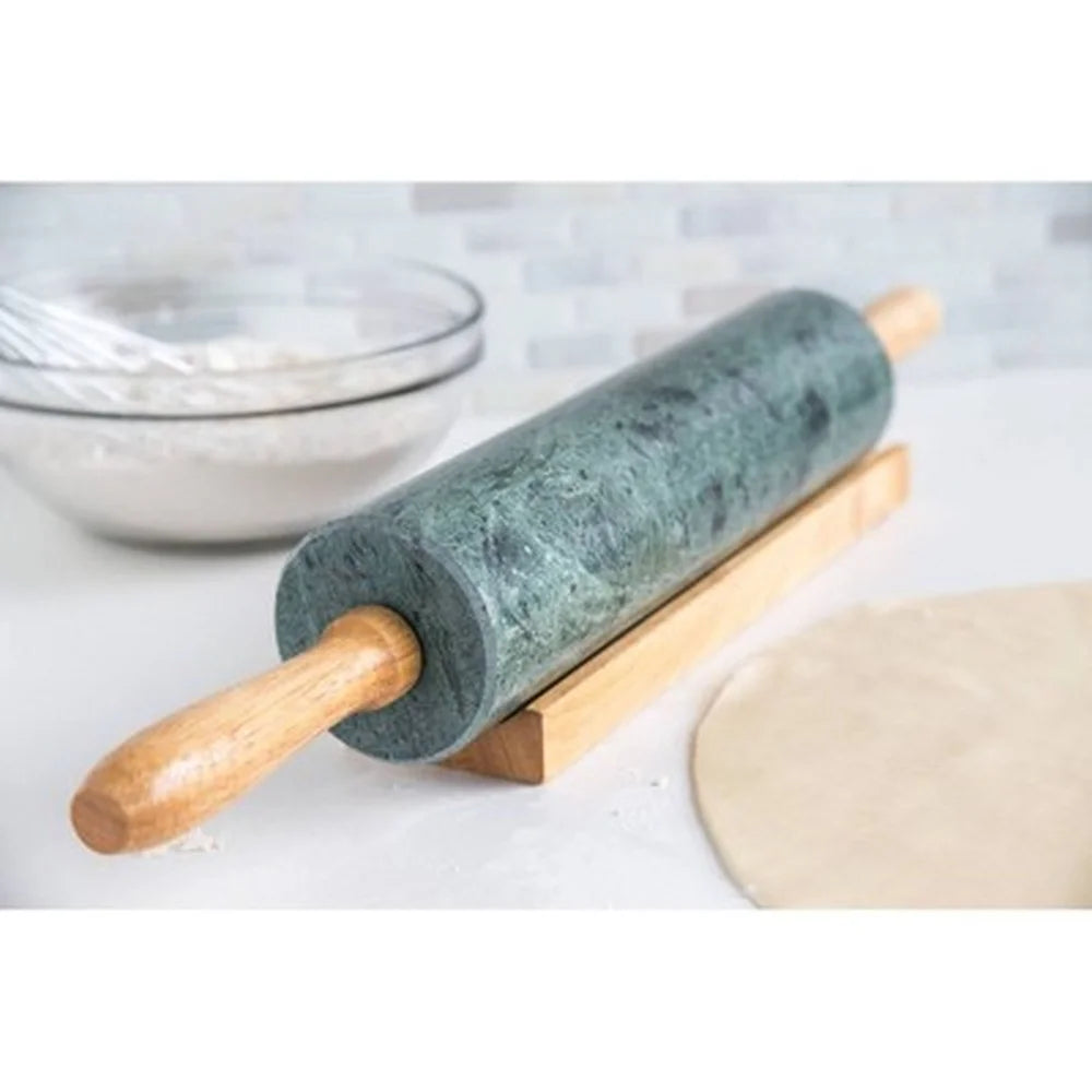 Eco-Friendly Green Marble Rolling Pin with Wooden Handles