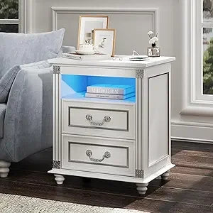 Nightstand With Charging Station And LED Lighted Drawers