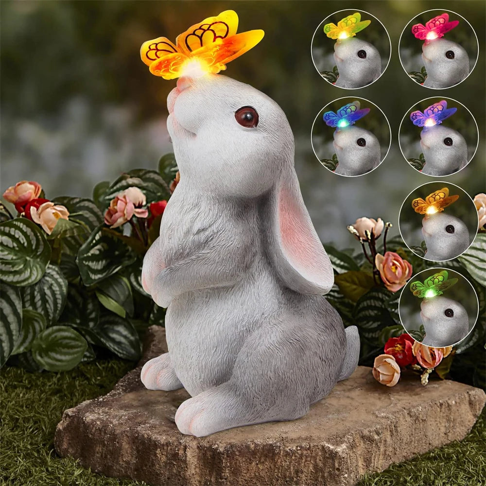 Solar Bunny Statue With Butterfly LED Light For Garden