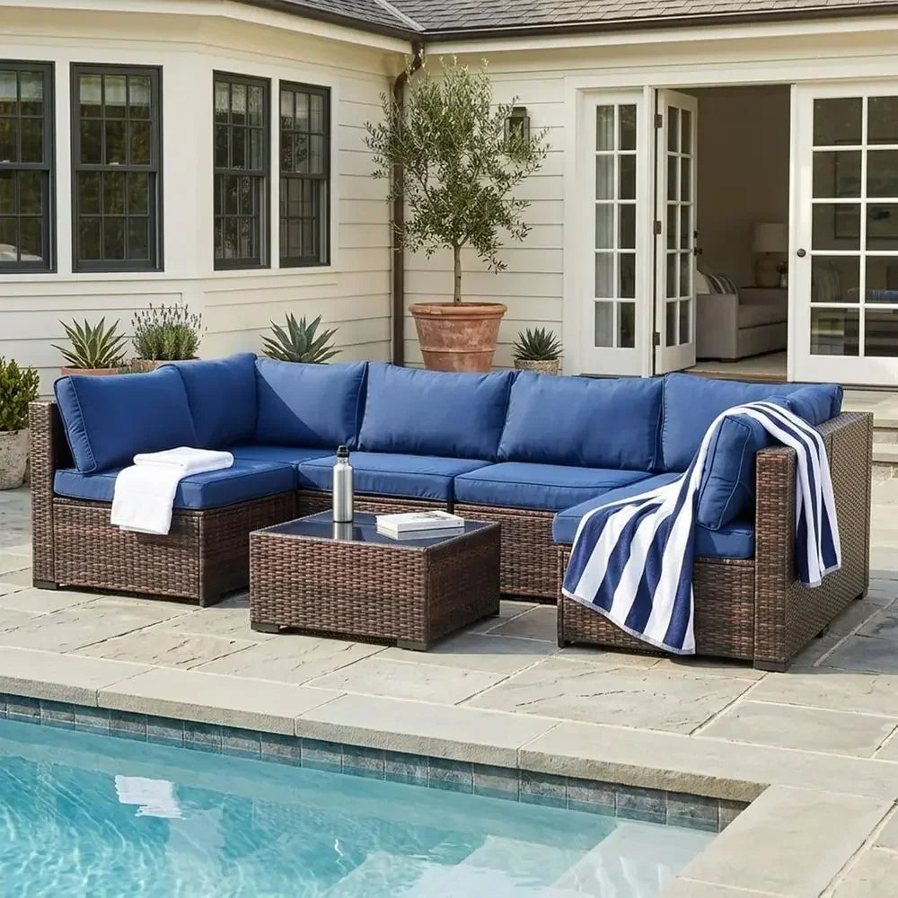 Weatherproof PE Rattan Outdoor Sectional With Glass Table And Cushions