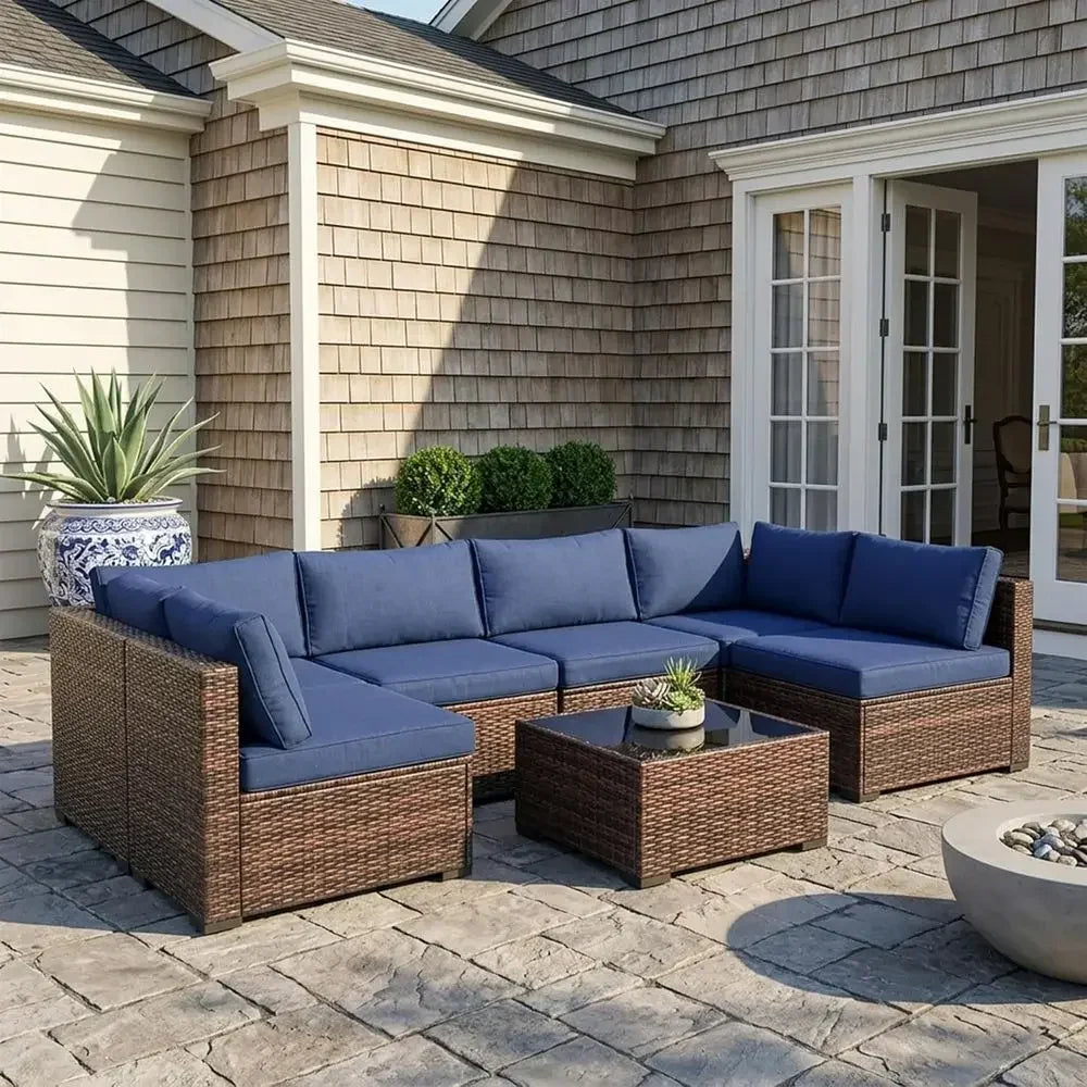 Weatherproof PE Rattan Outdoor Sectional With Glass Table And Cushions