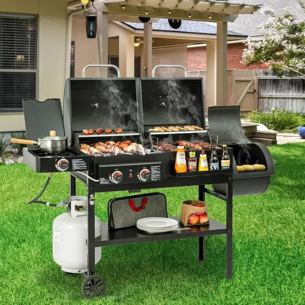 4-in-1 Dual-Fuel Gas & Charcoal Grill with Smoker & Side Burner