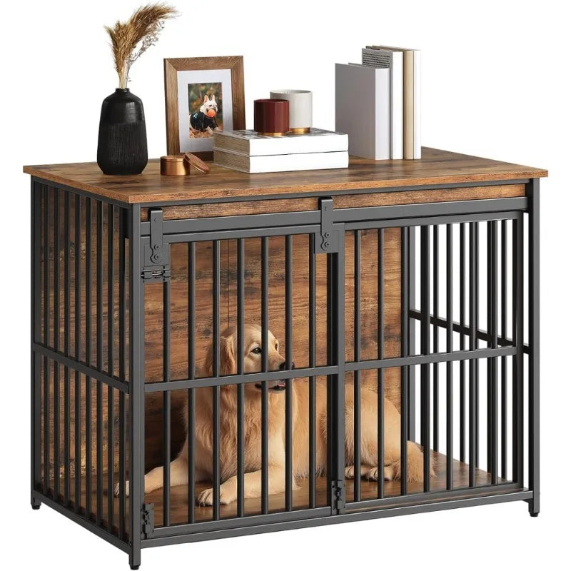 Heavy Duty Durable Dog Crate Table With Sliding Barn Door