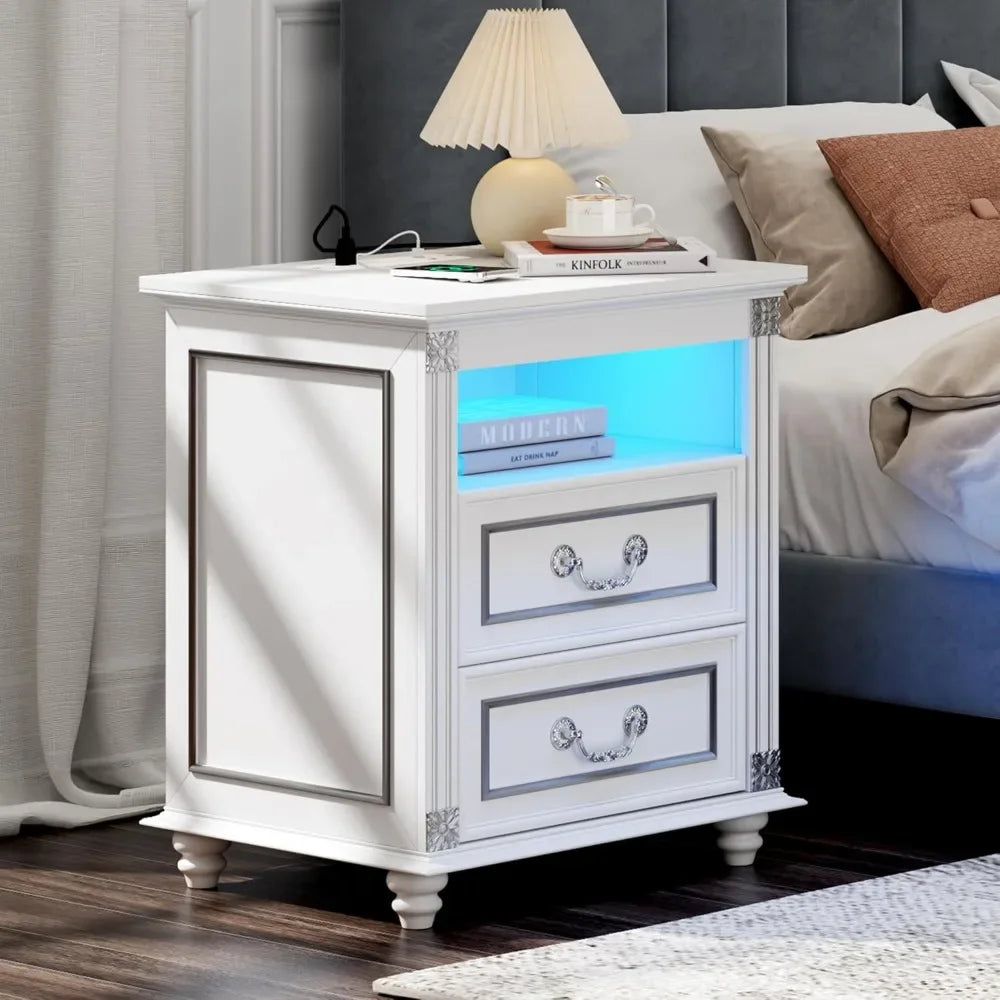 Nightstand With Charging Station And LED Lighted Drawers