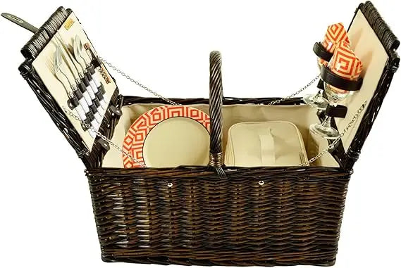 Surrey Willow Picnic Basket in Brown Wicker with Diamond Orange Design