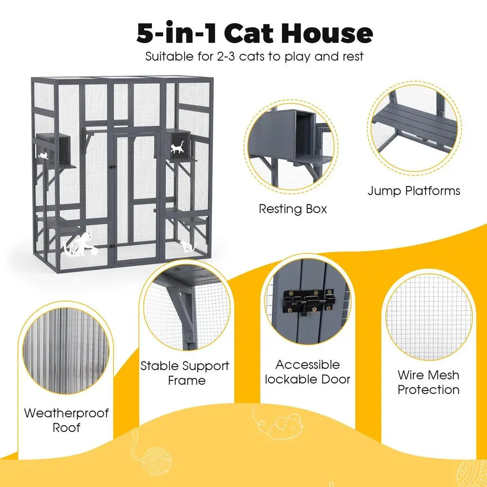 Wooden Outdoor Cat Enclosure With Waterproof Roof And Perches