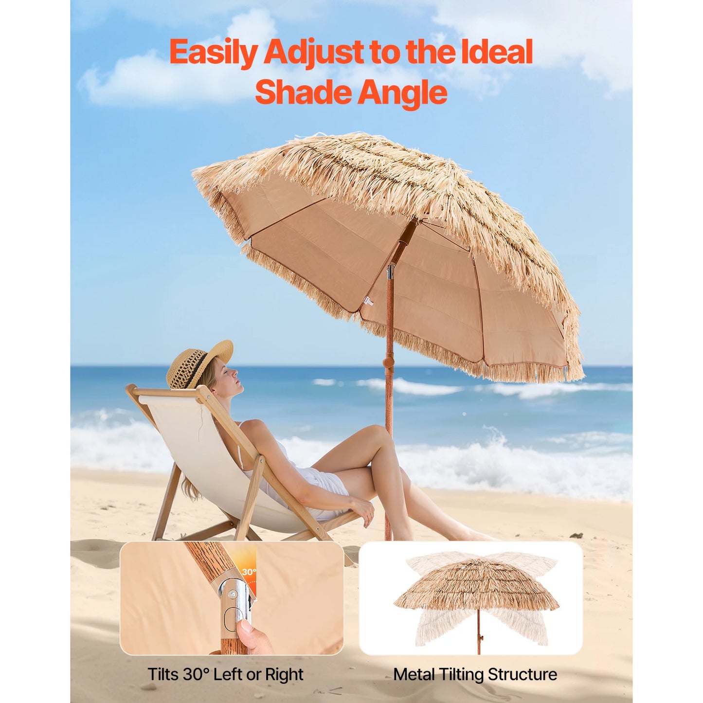 SucceBuy Tiki Umbrella Thatched Patio Umbrella with Durable PP Thatch and Metal Ribs Grass Pool Umbrellas for Beach Garden Patio