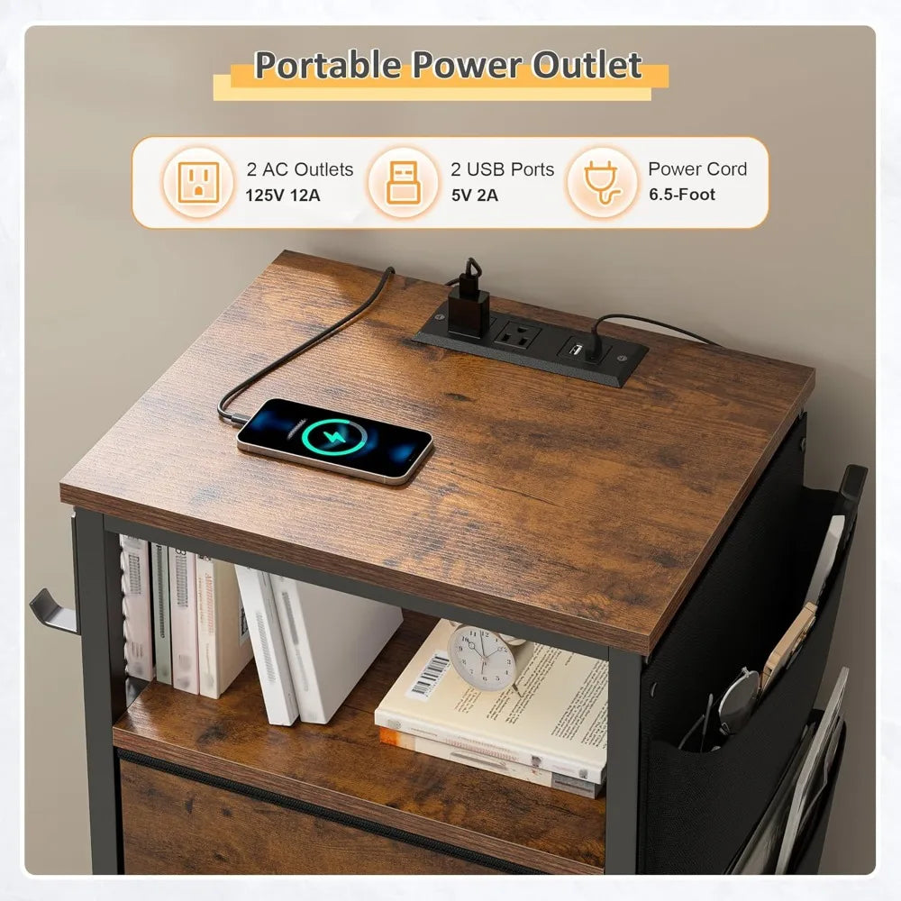 Nightstand Duo With Charging Station, LED Lights, Fabric Drawers