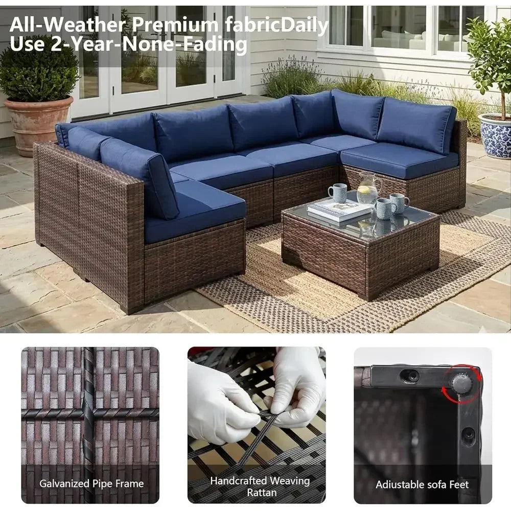 7-Piece Outdoor Patio Furniture Set Cushions Weather Resistant Rattan Glass Table