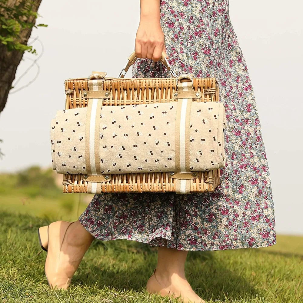 willow picnic basket set for 2 persons with large insulated cooler bag and waterproof picnic blanket, wicker picnic hamper for c