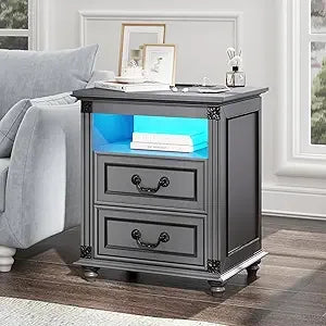 Nightstand With Charging Station And LED Lighted Drawers