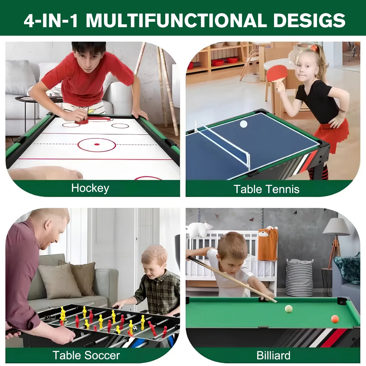 4-in-1 Multi Game Table | Foosball, Billiards, Air Hockey & Table Tennis for Family Game Rooms