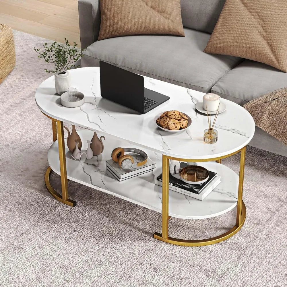 Two-Tier Coffee Table With Faux Marble Top And Open Storage
