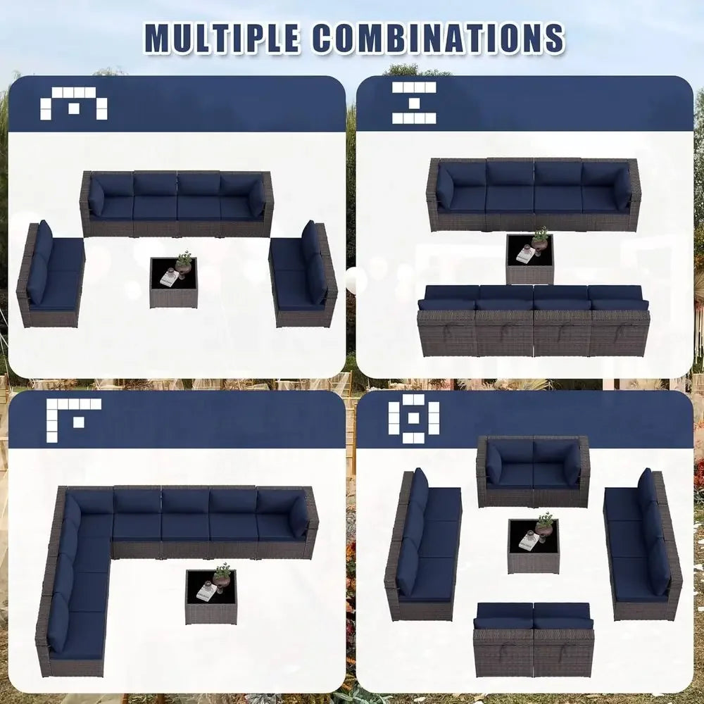 9-Piece Outdoor Patio Set With Rattan Wicker And Glass Coffee Table