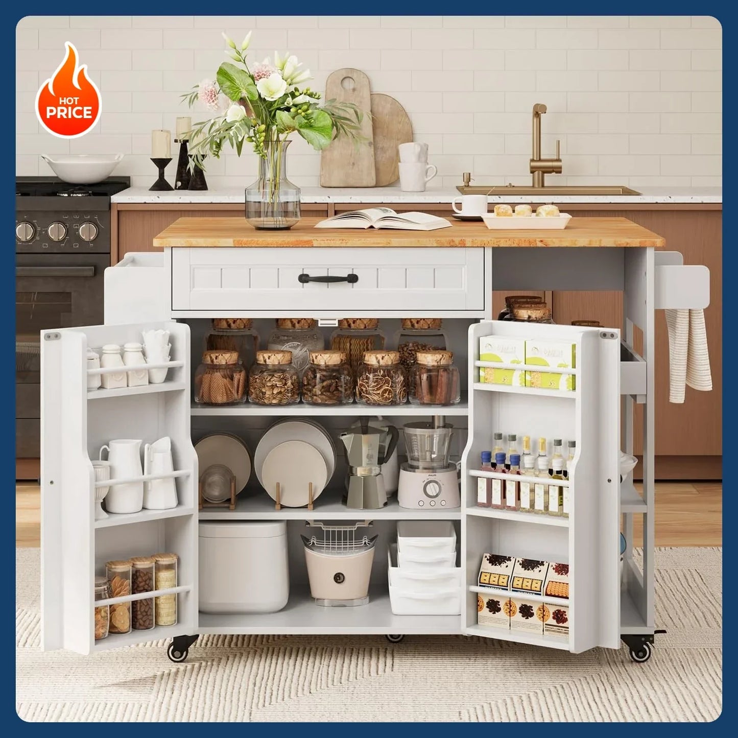 Update Kitchen Island Cart With Storage And Foldable Drop Leaf